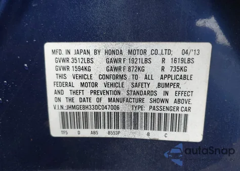 2013 Honda Fit from USA, damaged, VIN JHMGE8H33DC047006